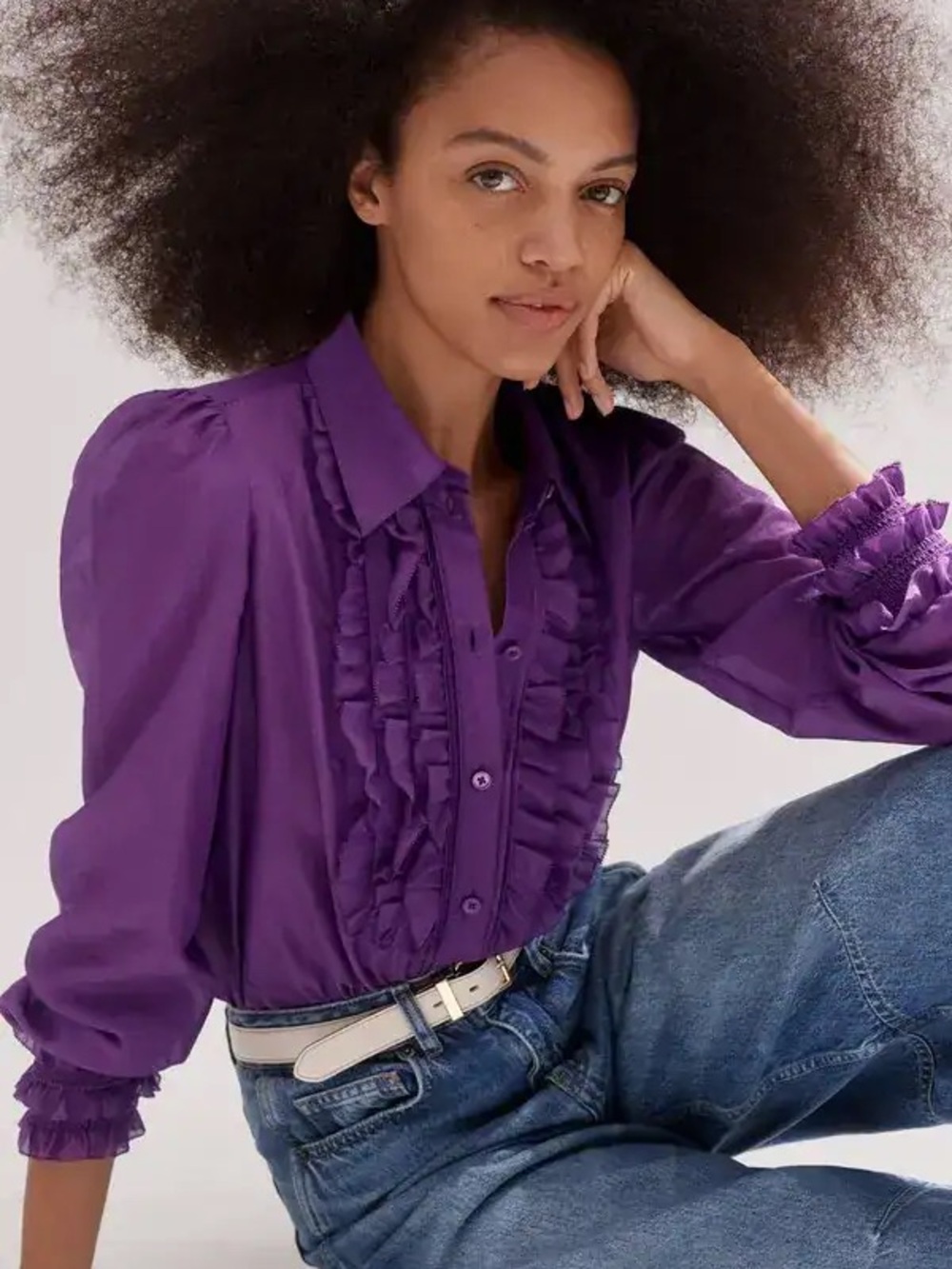 ME+EM Purple Silk Cotton Ruffle Blouse Shirred Cuff Puff Sleeve Size 2